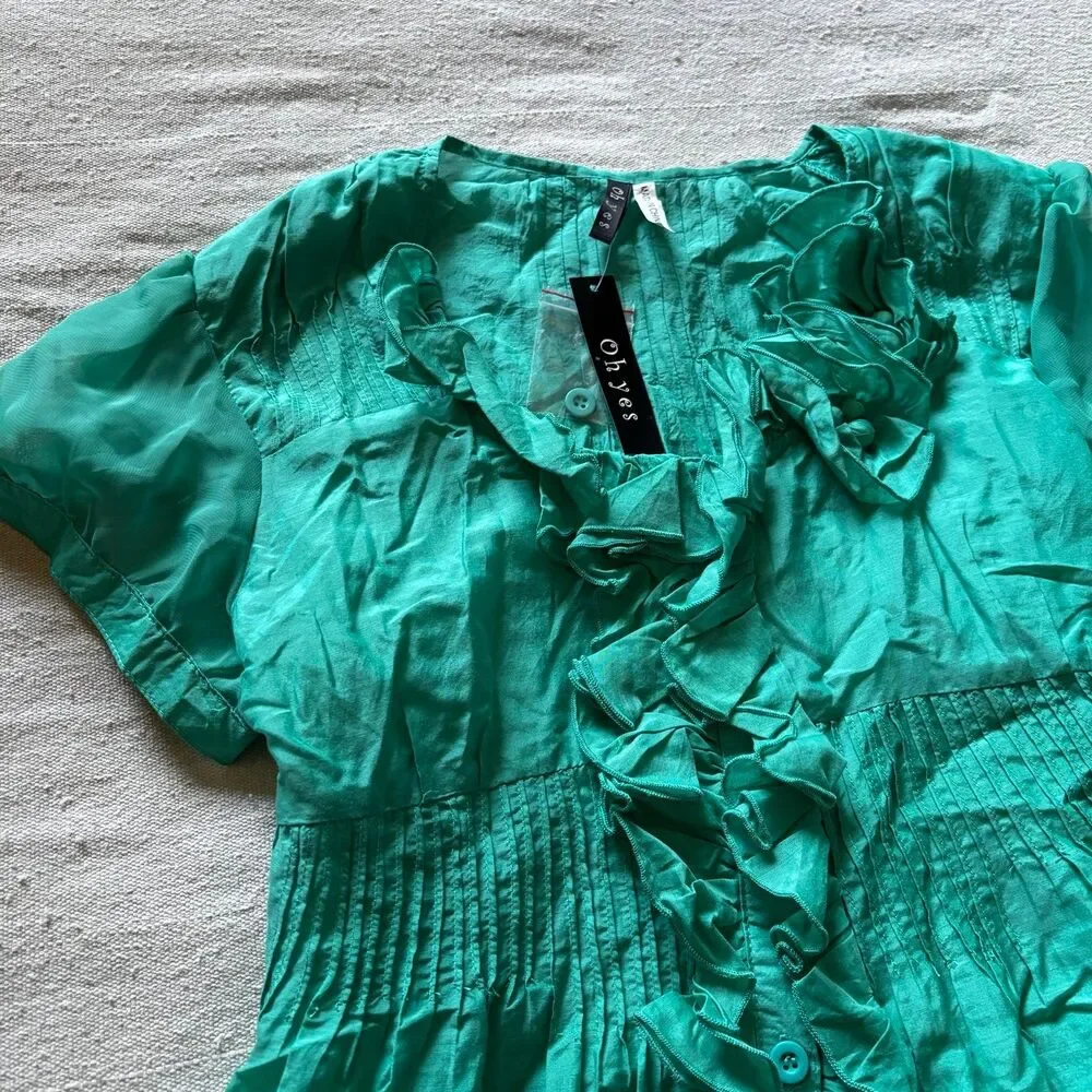 Y2K Silk Blend Black Ruffled Short Sleeve Button-Up